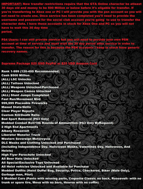 An online ad for a modded account that is designed to be transferred from an older console to a new one. Modders try to keep stats from being too eye-popping so that Rockstar presumably won’t notice the account during a transfer.